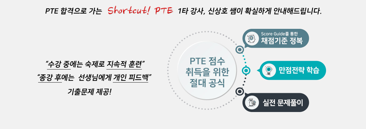 PTE 점수 취득을 위한 절대 공식,Score Guide를 통한 채점기준 정복,만점 전략 학습,실전 문제풀이, 수강중에는 숙제로 지속적인 훈련을 종강 후에는 개인 피드백을 드립니다.